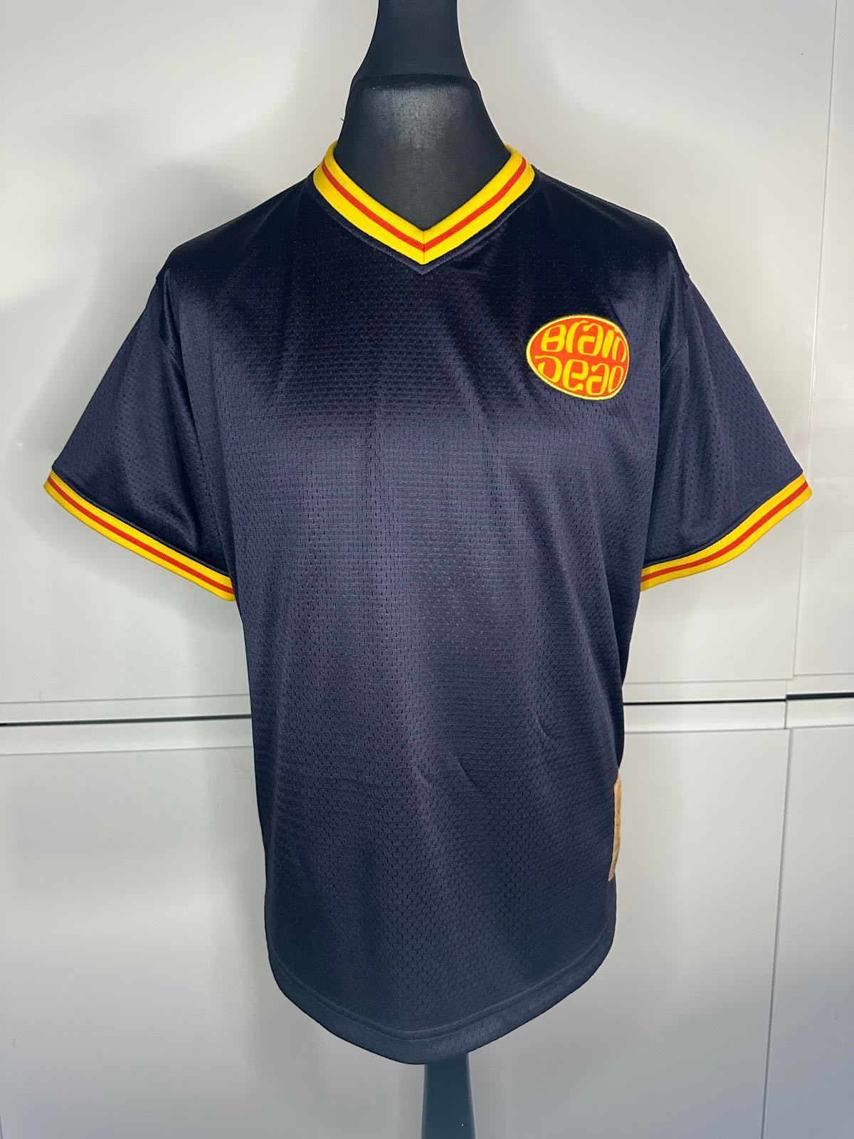Brain Dead Vintage Mesh Jersey Tee Navy Yellow Trim Retro Sports Top